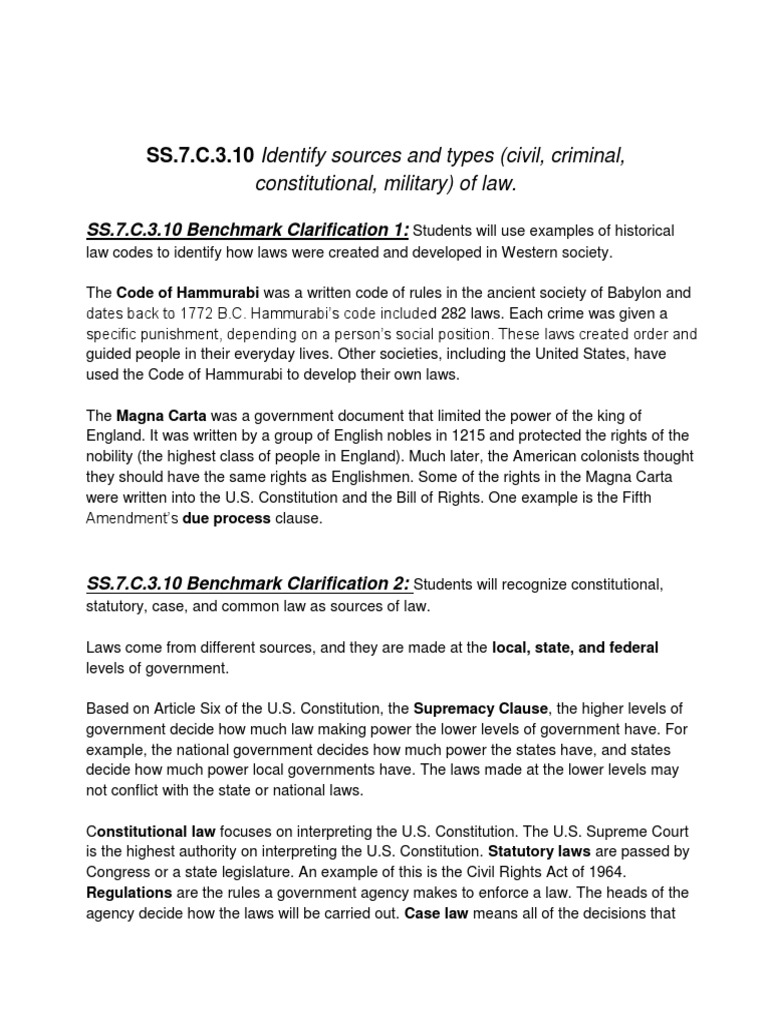 SS.7.C.3.10 Identify Sources and Types (Civil, Criminal