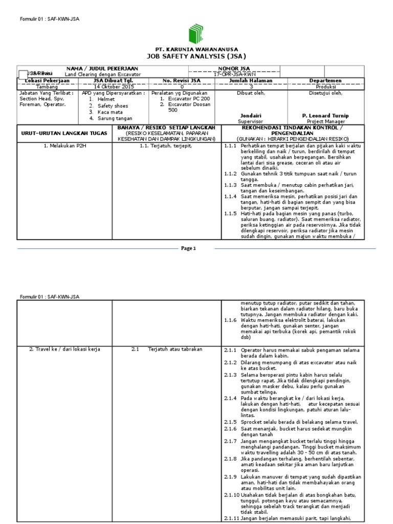 Env Jsa Land Clearing Dengan Excavator Pdf