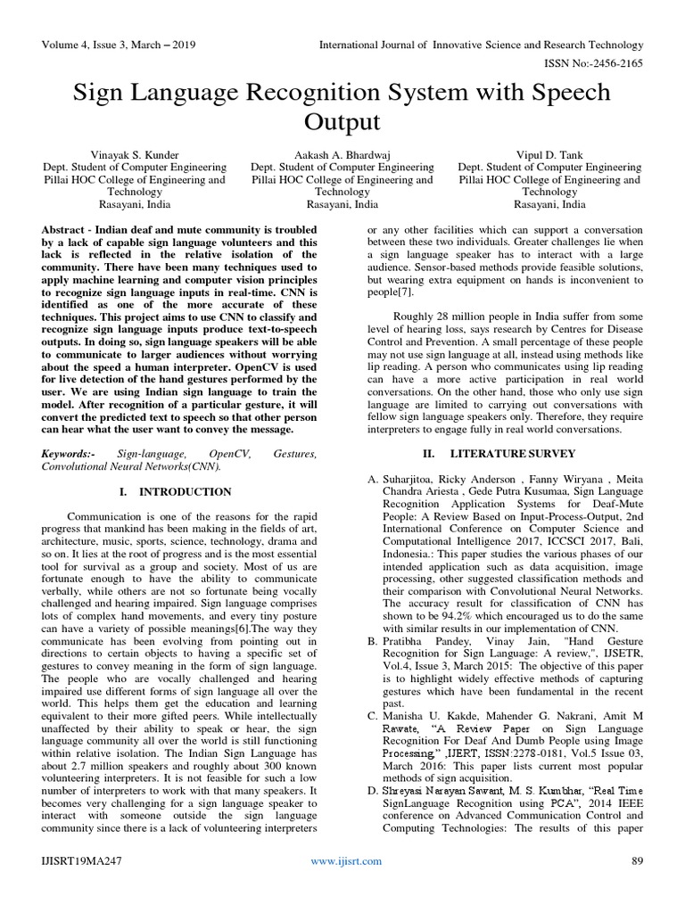 Sign Language Recognition System With Speech Output | PDF | Artificial ...