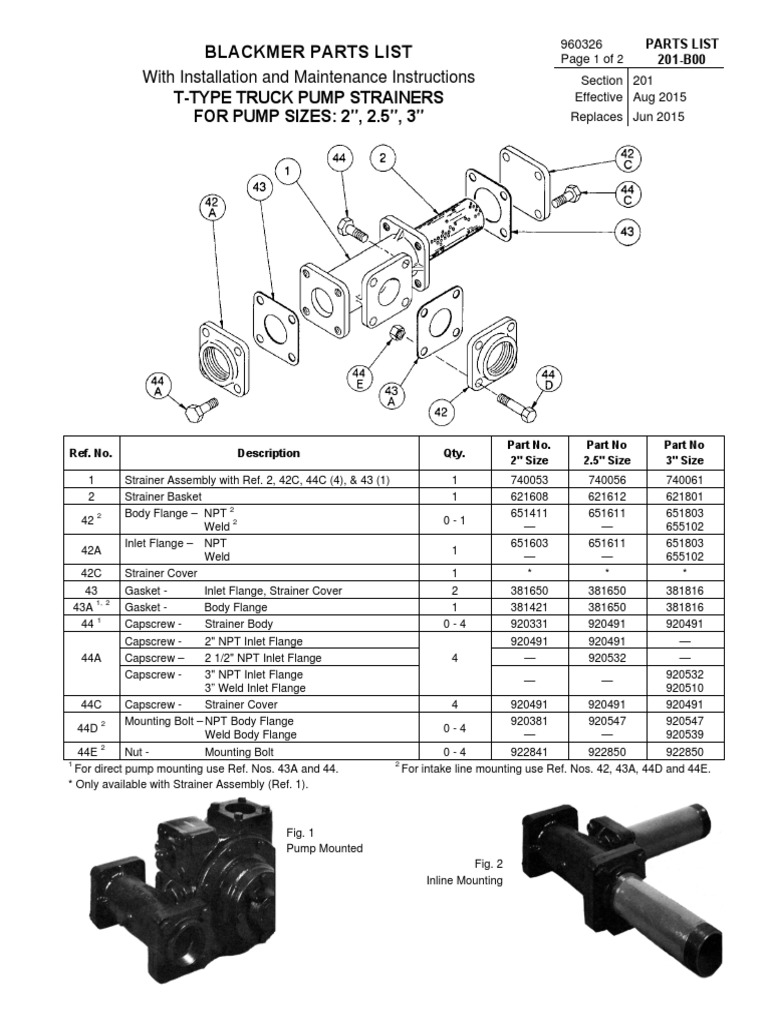 Blackmer Parts List TType Truck Pump Strainers FOR PUMP SIZES 2, 2.5, 3 PDF Vehicle