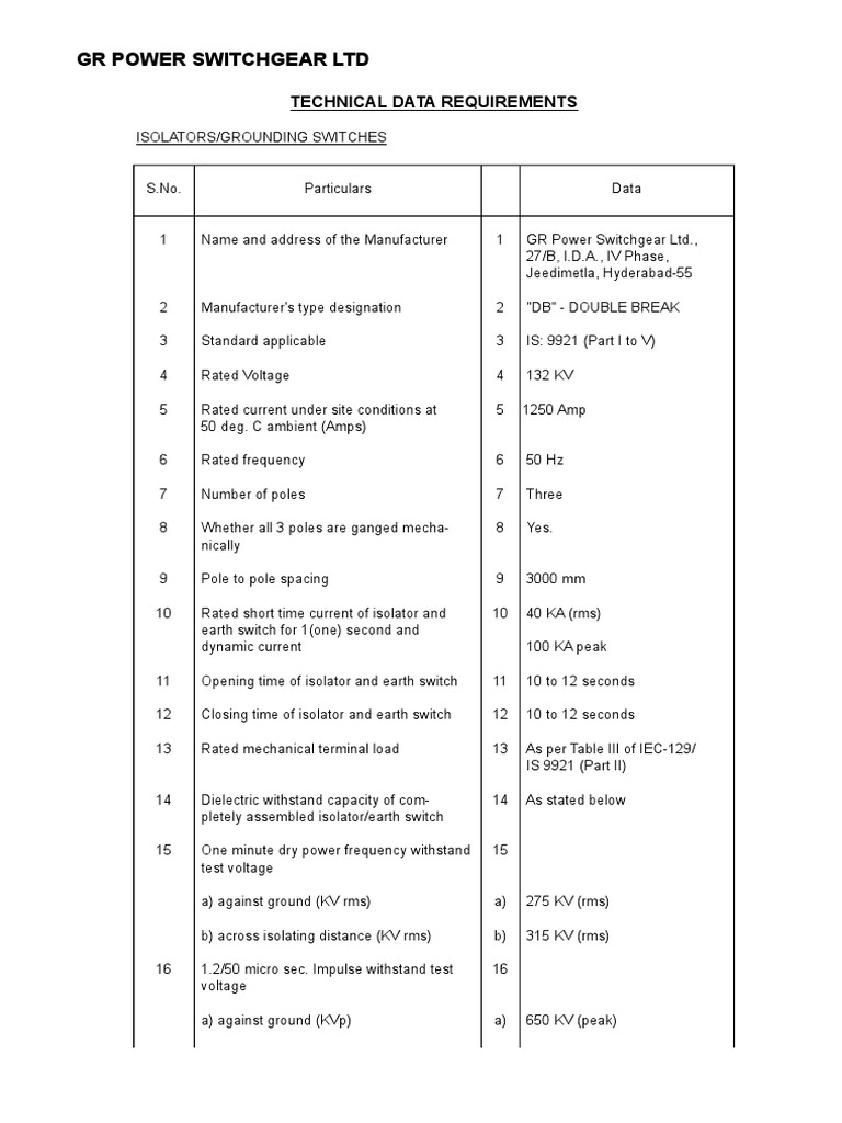 GR Power Switchgear LTD Technical Data Requirements PDF Switch Volt