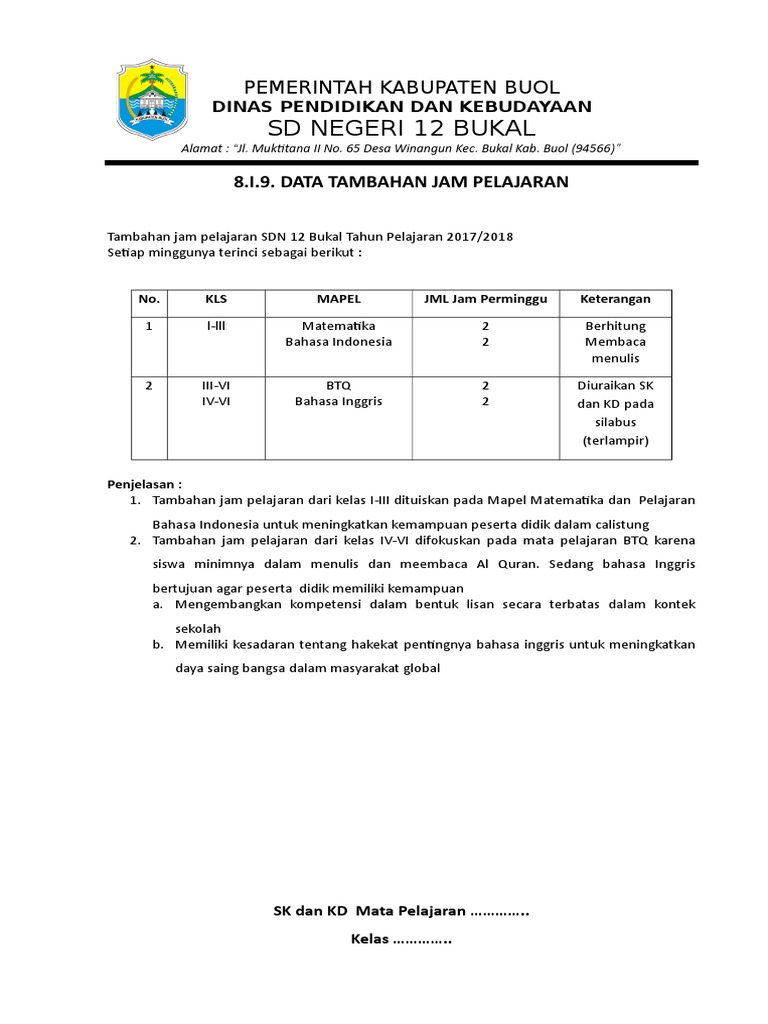 8 I 9 Data Tambahan Jam Pelajaran Pdf