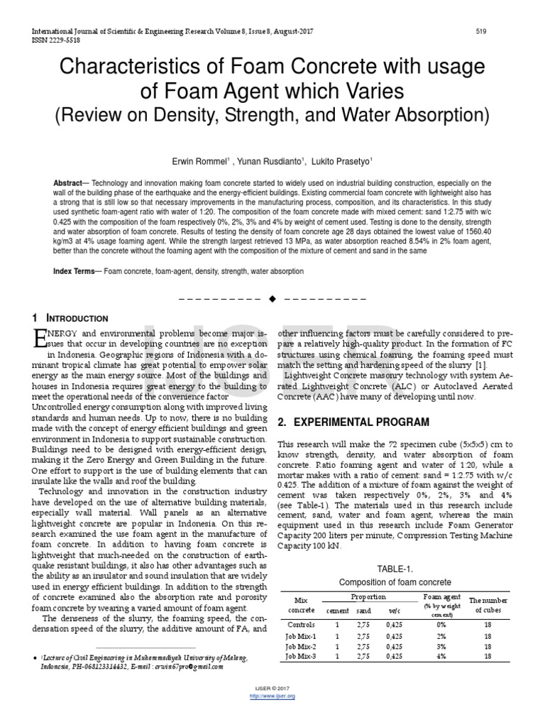 Characteristics of Foam Concrete With Usage of Foam Agent Which Varies