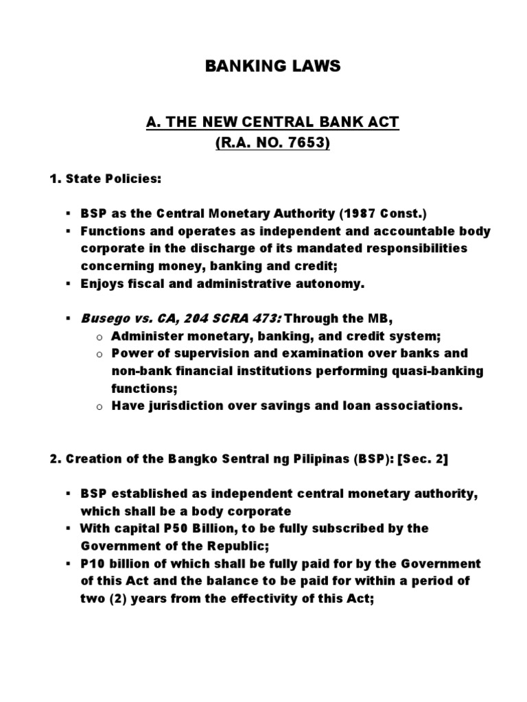 Banking Laws A. The New Central Bank Act (R.A. NO. 7653) PDF