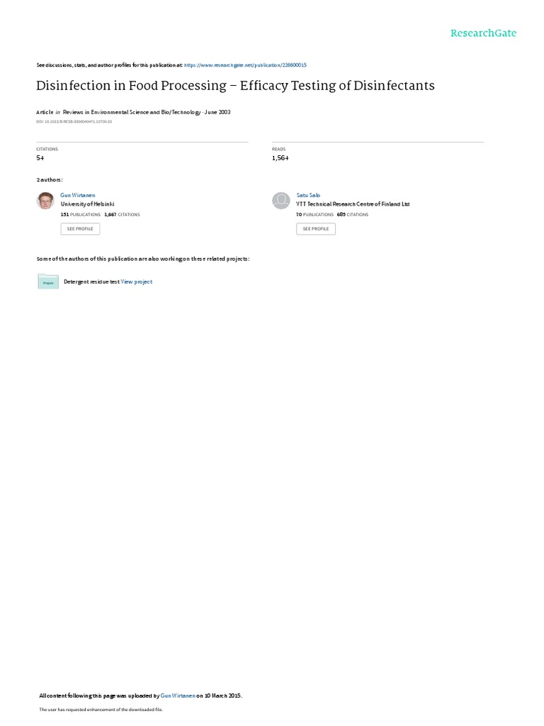 Disinfection in Food Processing Efficacy Testing of Disinfectants