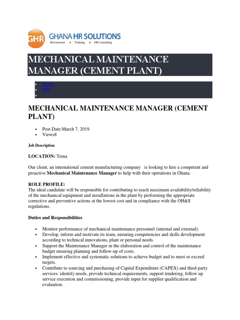 Mechanical Maintenance Manager | Pdf | Regulatory Compliance | Reliability  Engineering