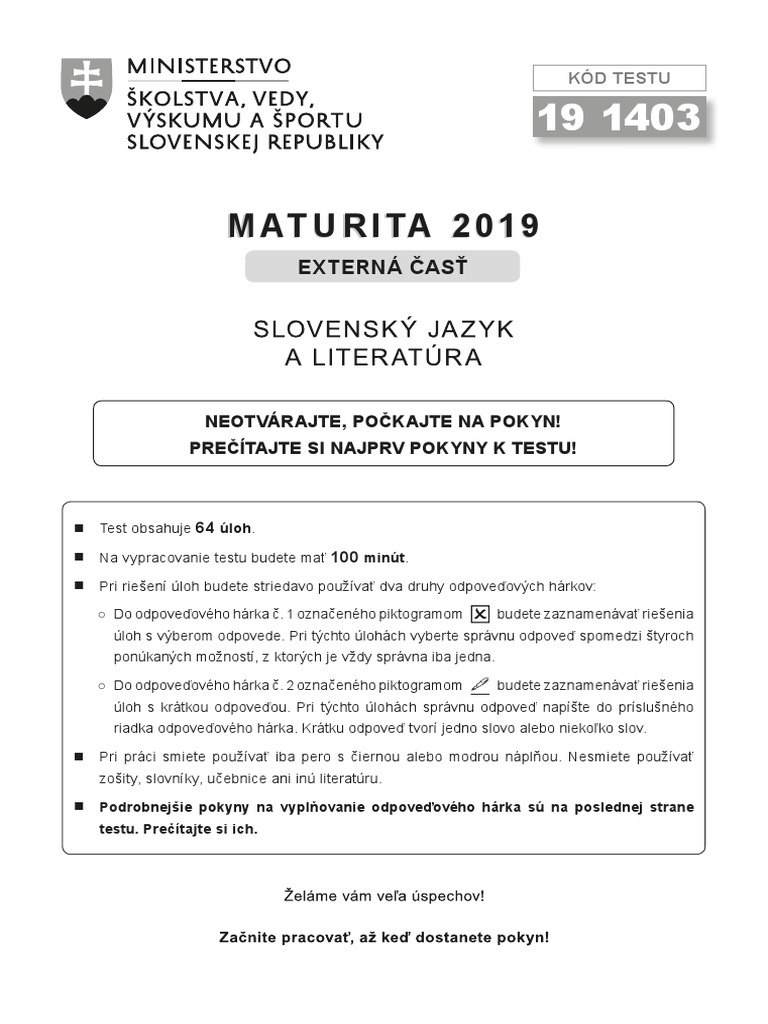 Test zo slovenskeho jayzka a slovenskej literatury 2019