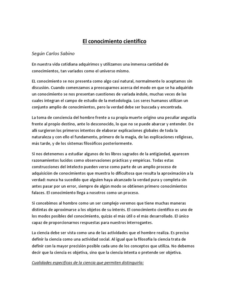 El conocimiento científico Según Carlos Sabino Ciencia