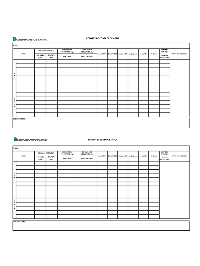 Formato de Control de Agua Industrial PDF