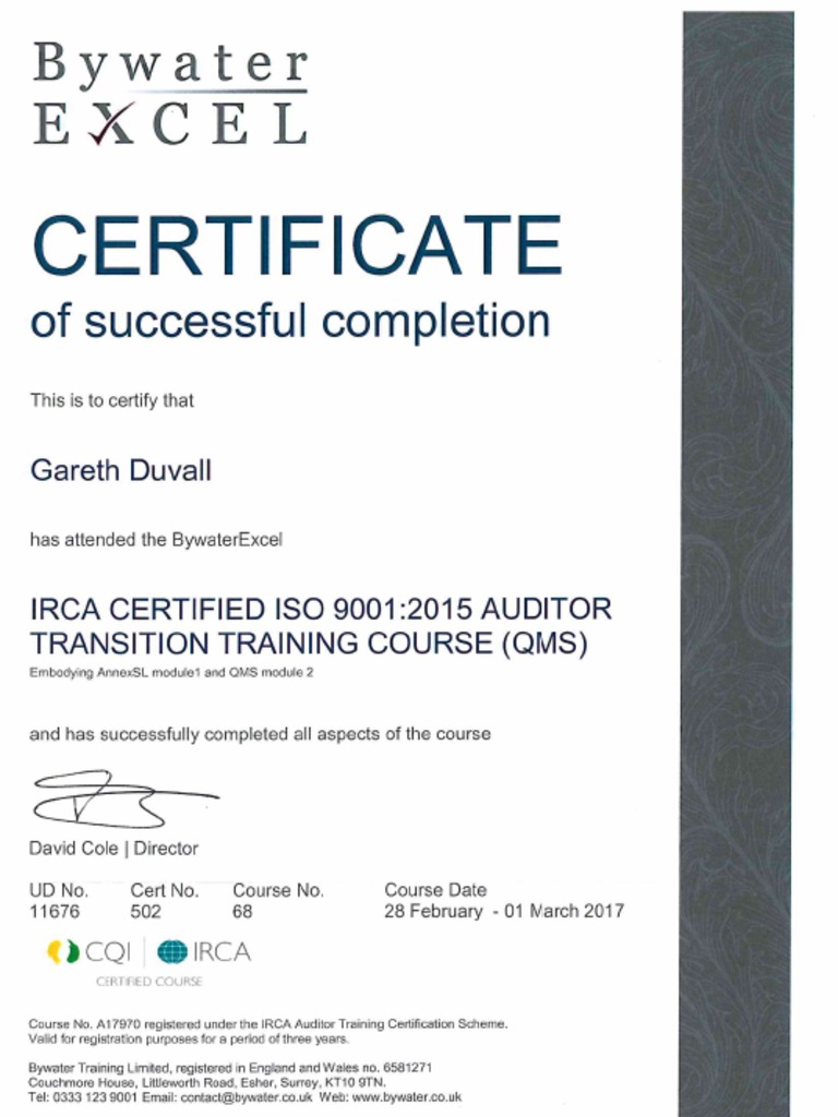 Bywater ISO 9001 - 2015 Transition Auditor Certificate Mar 2017 | PDF ...