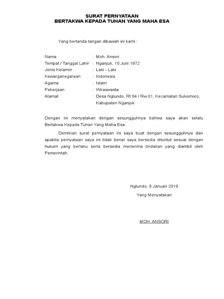 Contoh Surat Bertawakal Kepada Tuhan Yang Maha Esa