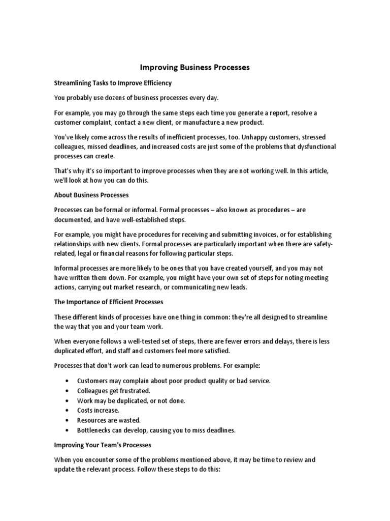 Improving Business Processes Pdf Business Process Business