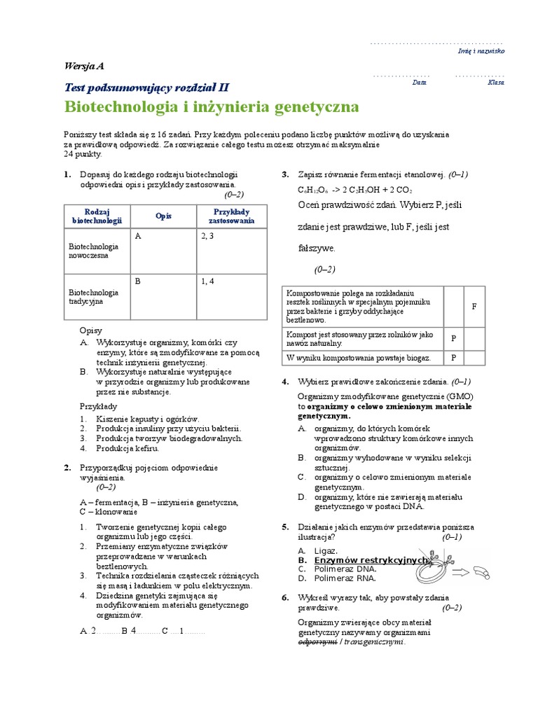 Test Podsumowujący Rozdział 2 Biotechnologia Molekularna