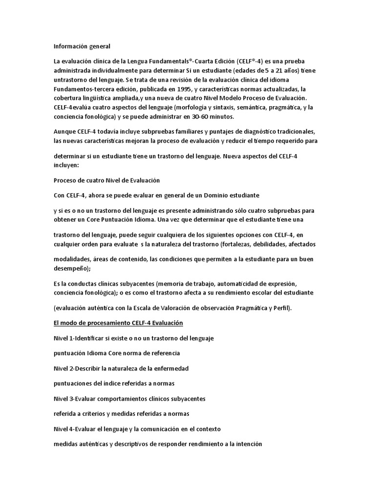 Celf 4 | PDF | Palabra | Evaluación