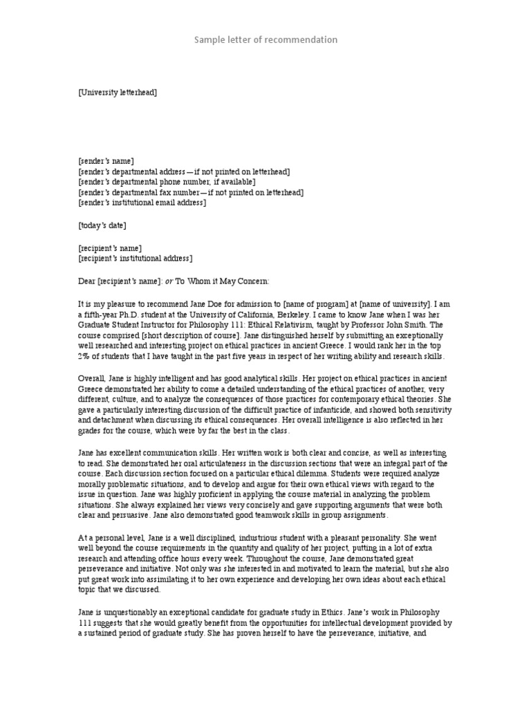 Sample Recommendation Letter PDF | PDF | Graduate School | Cognitive ...