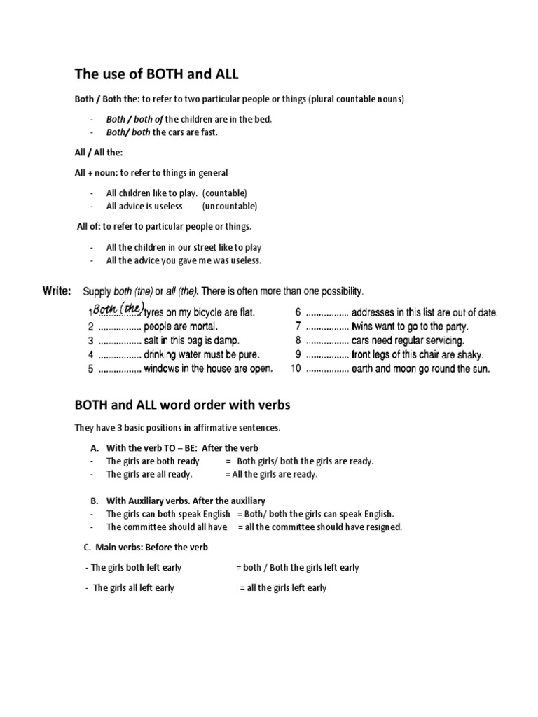Using Both and All in Sentences | PDF | Language Arts & Discipline