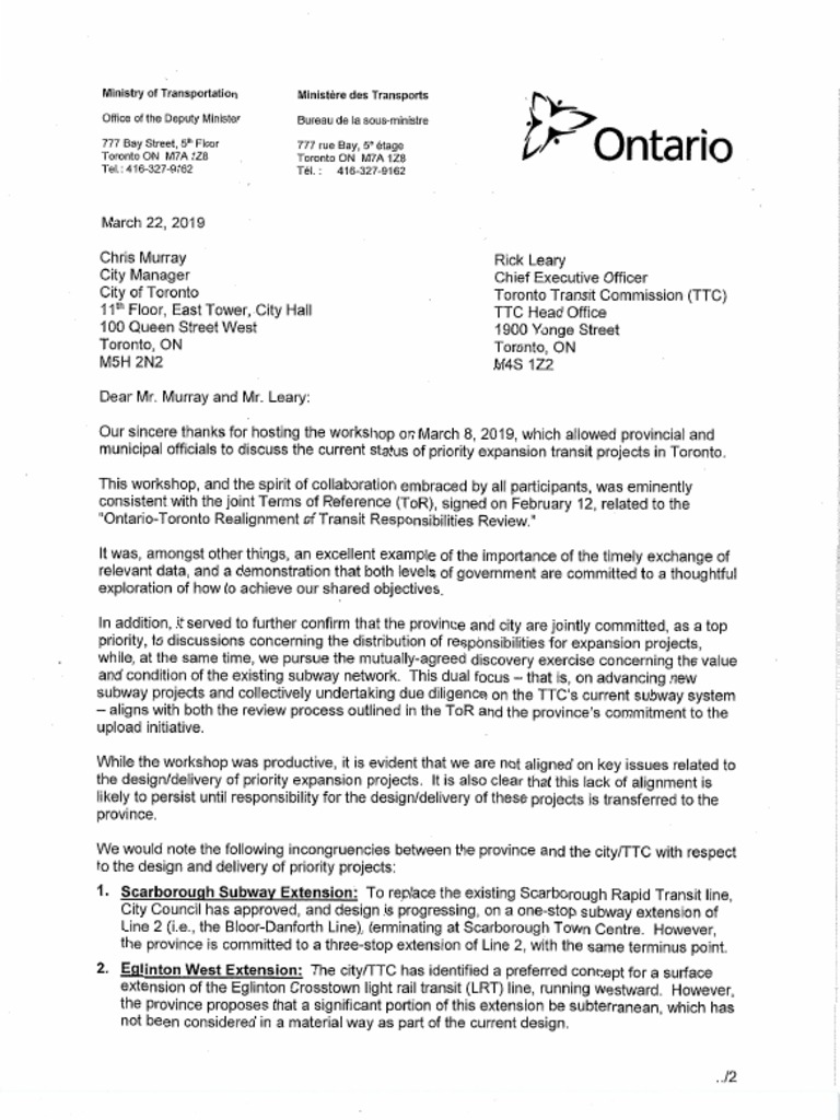 Letter From Ministry of Transportation To Toronto City Manager, TTC CEO ...
