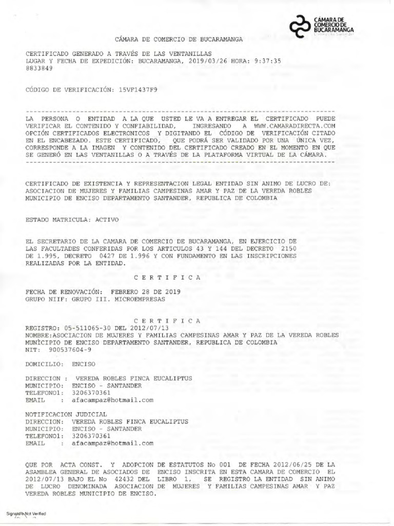 Certificado Camara de Comercio | PDF