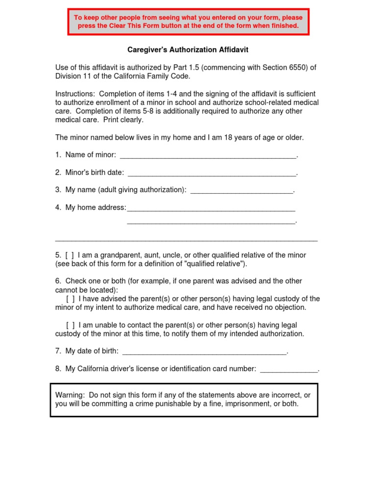 Caregiver Affidavit PDF Stepfamily Notary Public