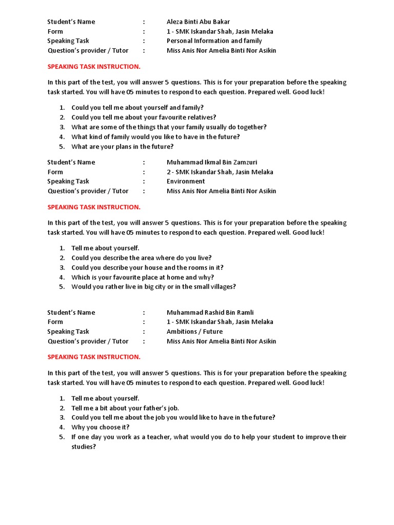 Student Speaking Task Questions Guide | PDF | Behavior Modification ...