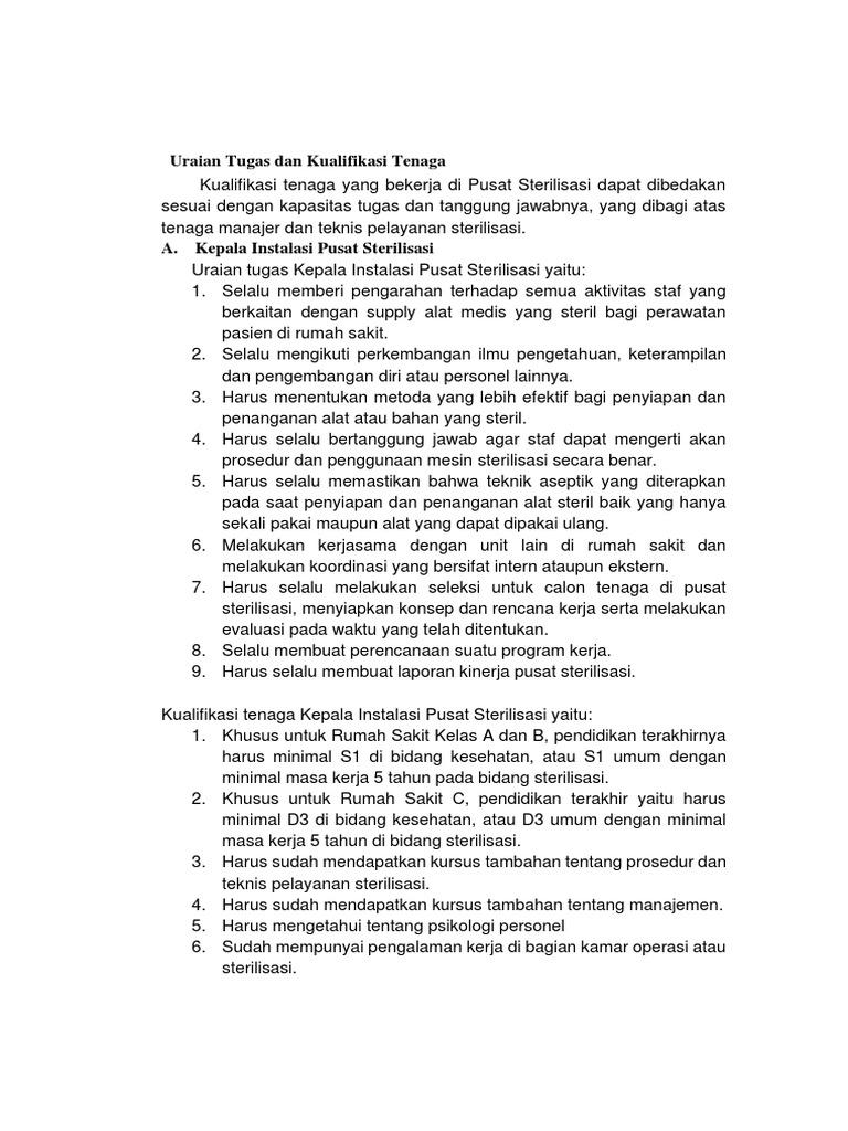 Kualifikasi dan Tugas Tenaga CSSD | PDF | Bisnis | Teknologi & Rekayasa