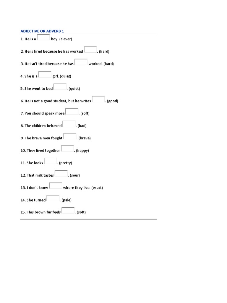 ADJECTIVE OR ADVERB Exercises PDF Adverb Adjective