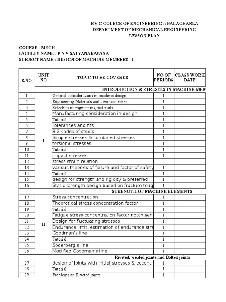DMM 1 Lesson Plan PDF Strength Of Materials Mechanical Engineering