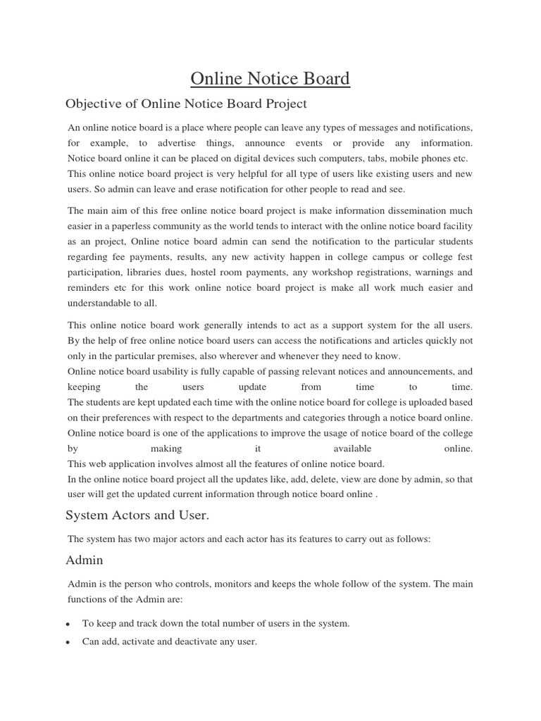 Objective of Online Notice Board Project PDF Online And Offline