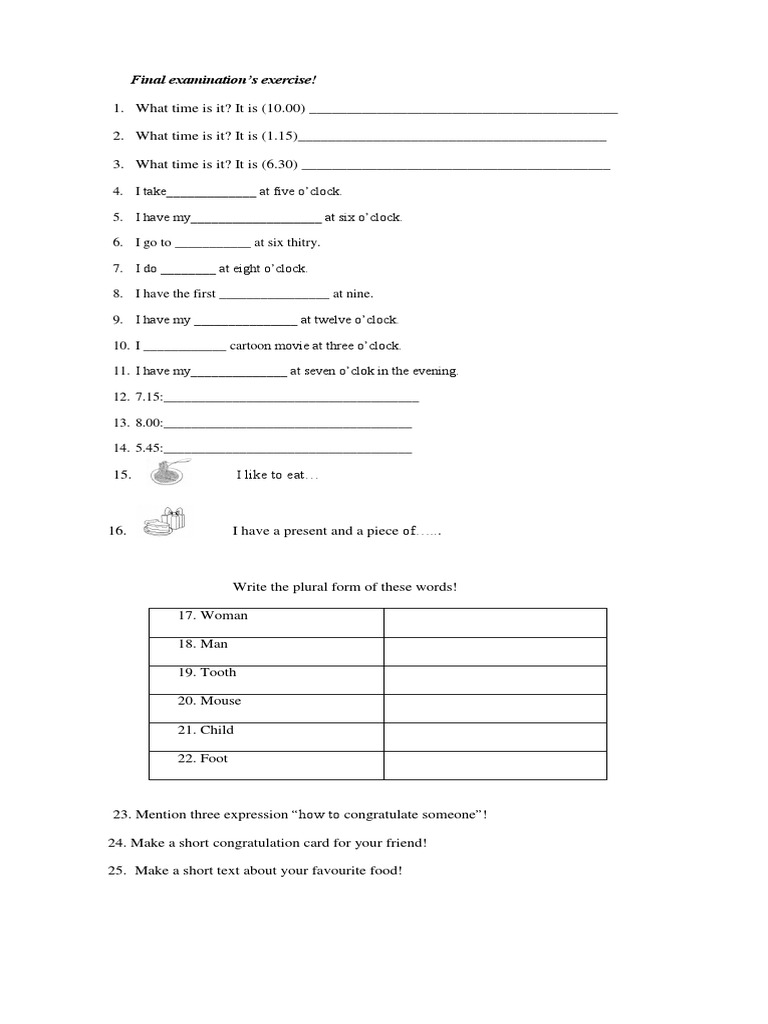 Final Exam: Time, Plurals, and Congratulation Exercises | PDF ...