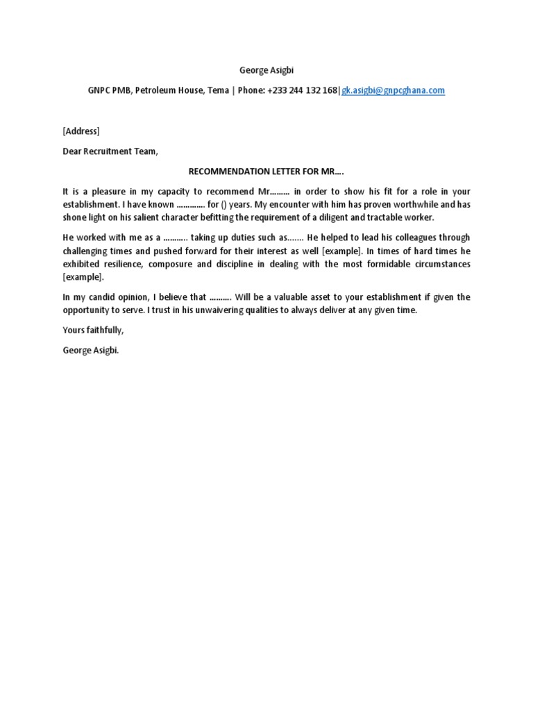 Recommendation Letter for Mr. [Name] | PDF | Career & Growth | Law