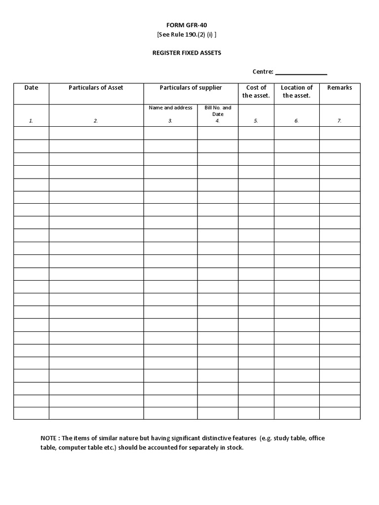GFR-40 Fixed Assets Register Form | PDF