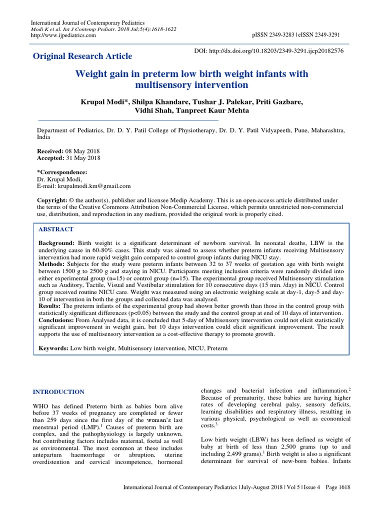 Weight Gain in Preterm Low Birth Weight Infants With Multisensory ...