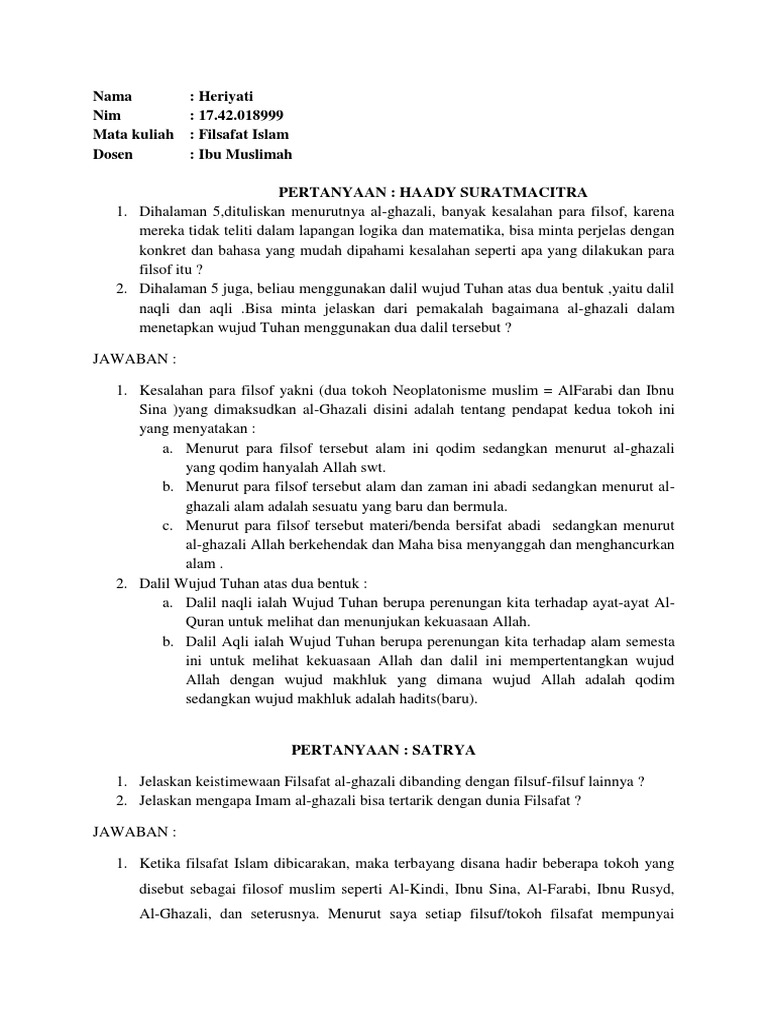 Filsafat Islam Jawaban Dan Pertanyaan Filsafat Alghazali Docx