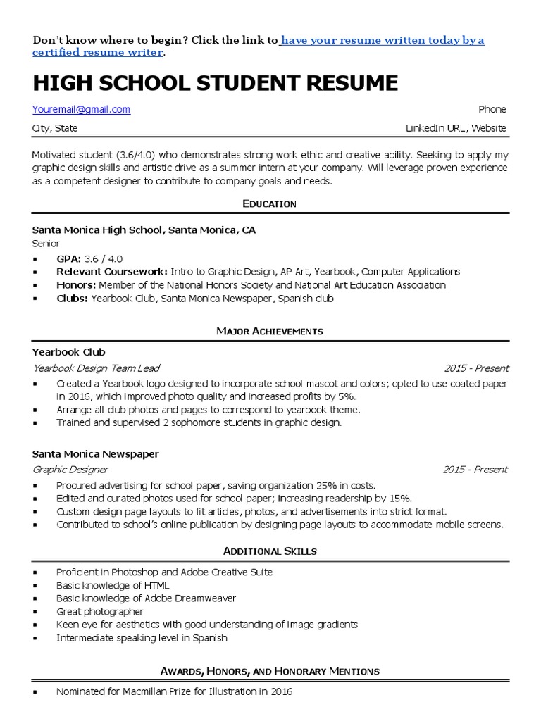 High School Student Resume Sample Msword Download Pdf Graphic Design Newspapers