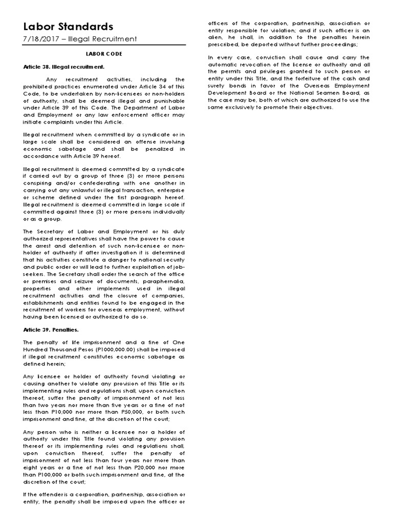 Labor Standards Illegal Recruitment 7 18 2017 | PDF | Migrant Worker ...