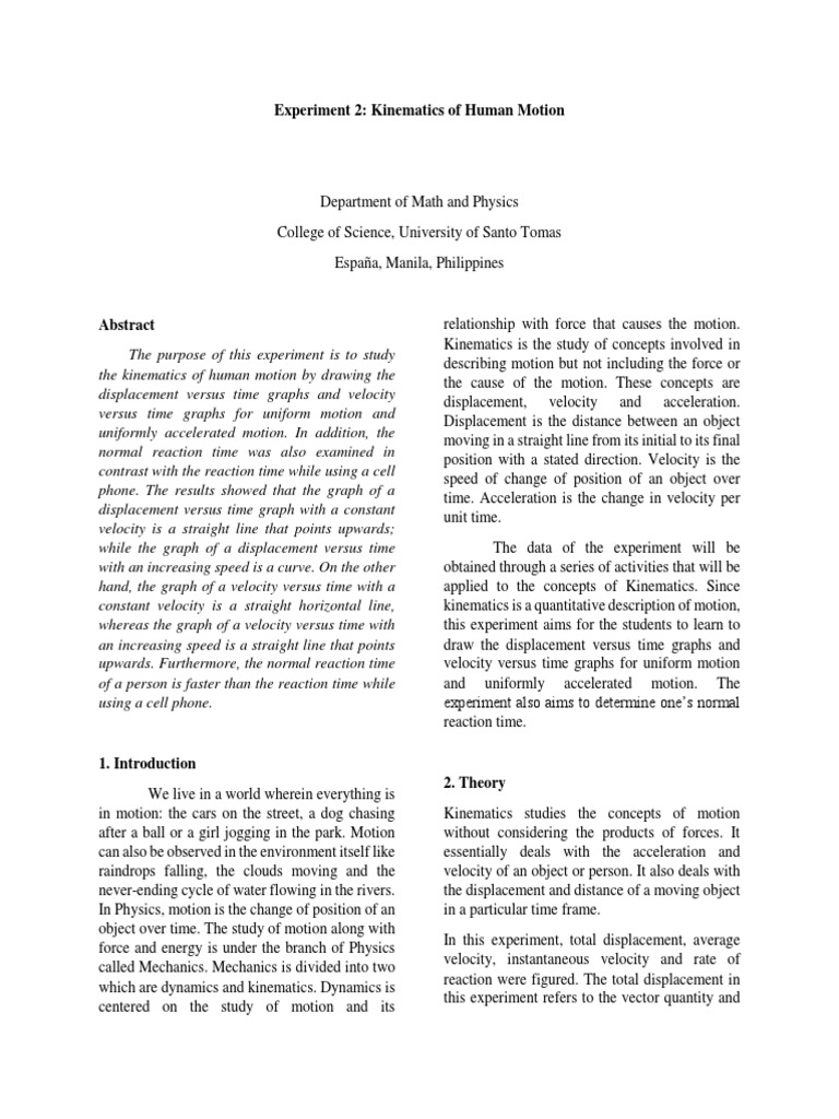 Kinematics of Human Motion Experiment | PDF | Velocity | Acceleration