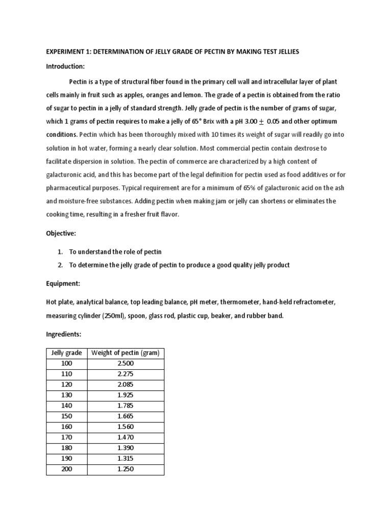 Experiment 1 Determination of Jelly Grade of Pectin by Making Test