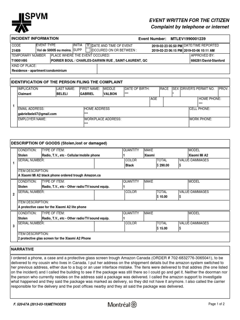 Incident Information Event Number: MTLEV1990001239: Event Written For ...