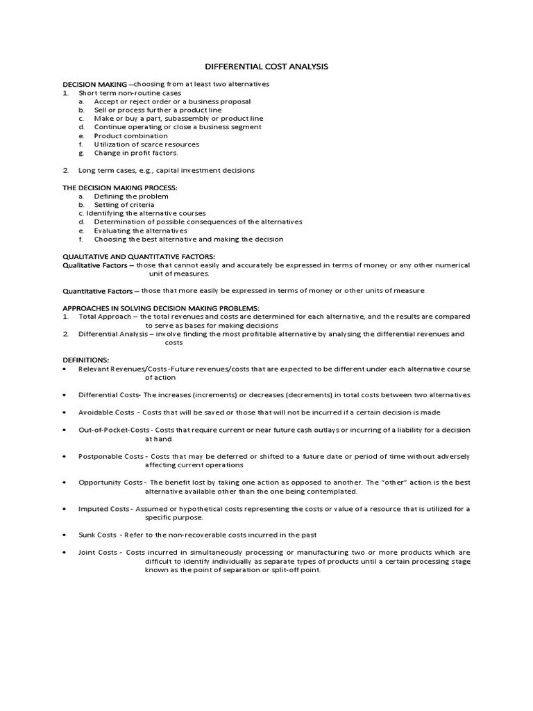 MAS DIFFERENTIAL COST ANALYSIS Practice and Notes PDF Cost