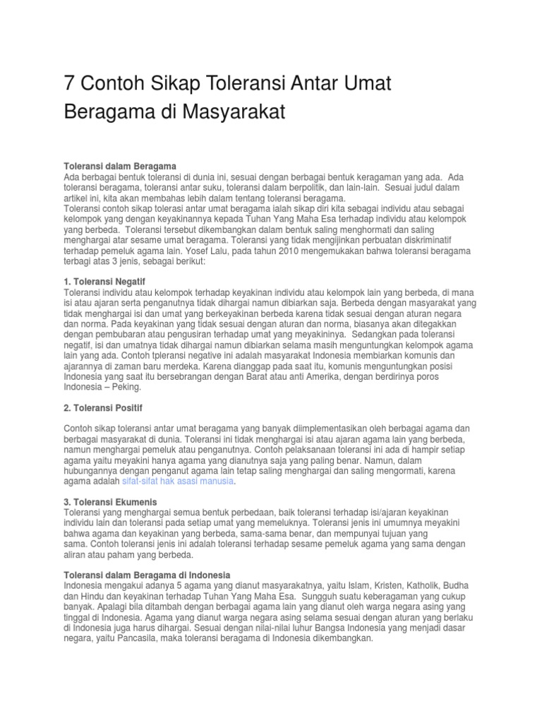 7 Contoh Sikap Toleransi Antar Umat Beragama Di Masyarakat Pdf