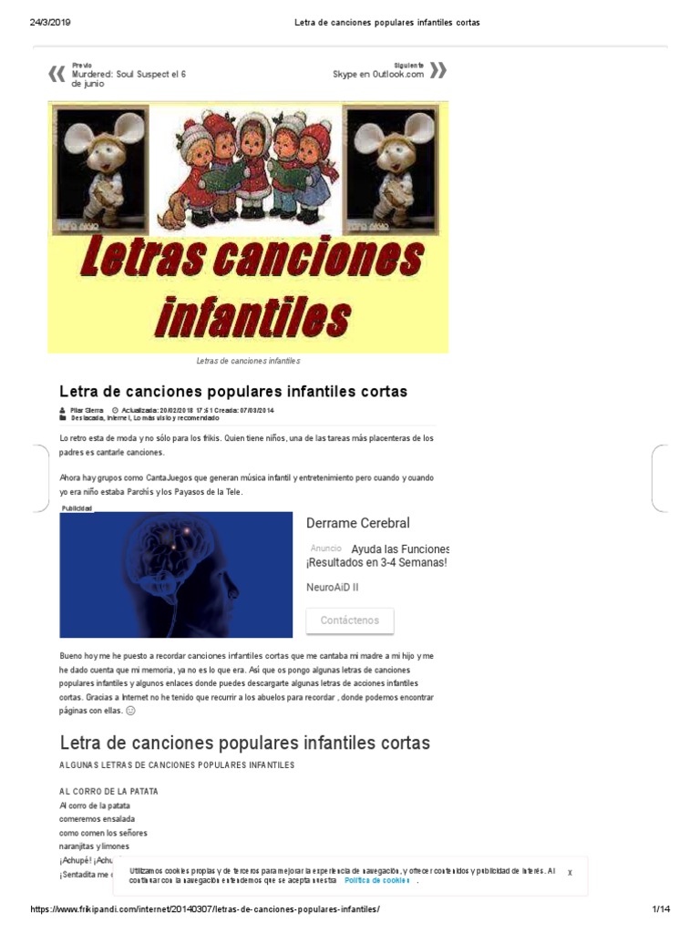 Letra De Canciones Populares Infantiles Cortas Cookie Http Publicidad