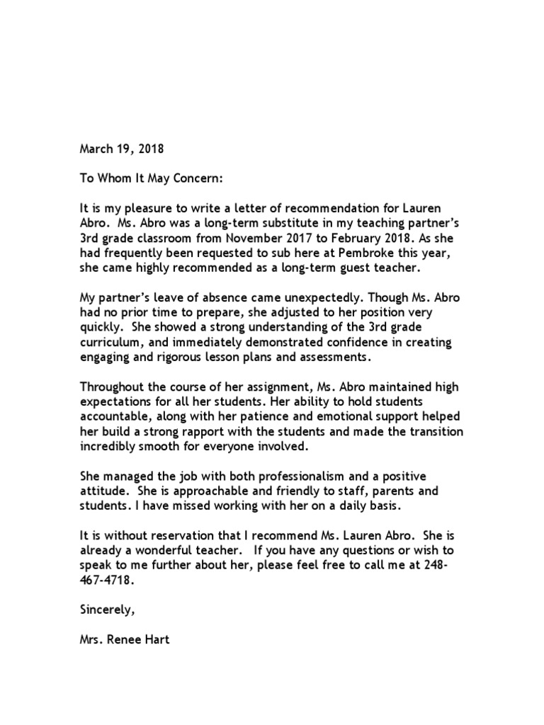 Letter of Recommendation-Lauren Abro 1 | PDF | Teachers | Behavior ...