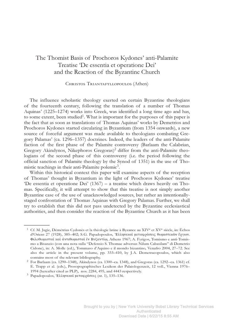 The Thomist Basis of Prochoros Kydones' AntiPalamite 'De Essentia Et Operatione Dei' and The