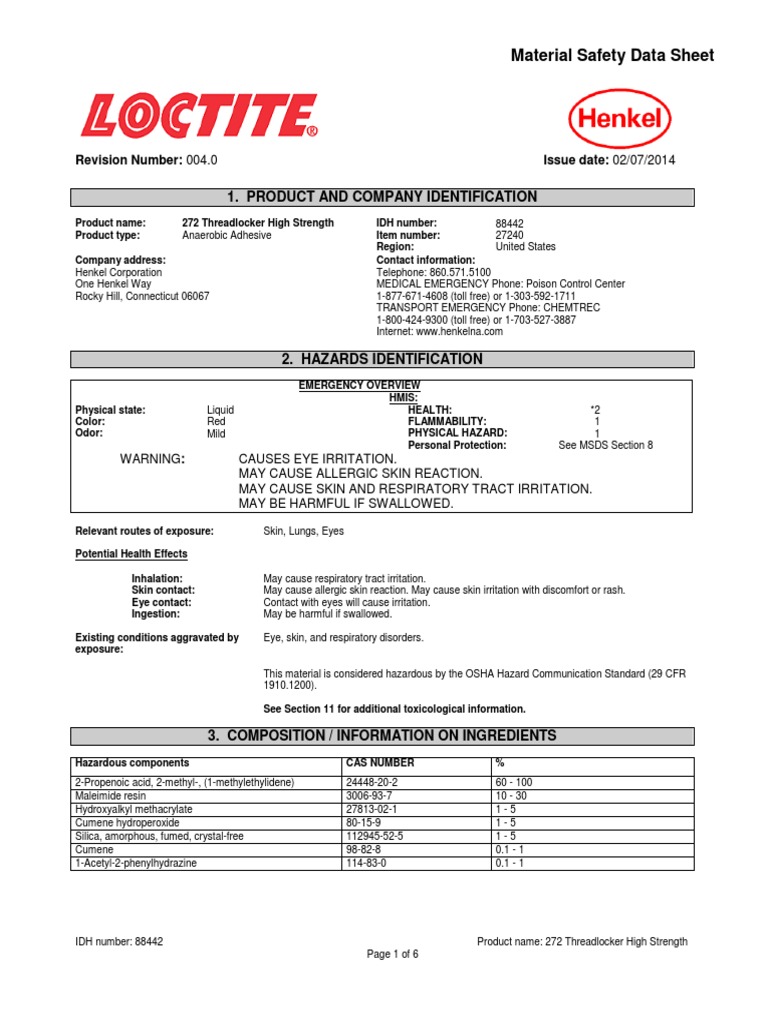 Loctite 272 50ml 27240 MSDS PDF Personal Protective Equipment Dangerous Goods