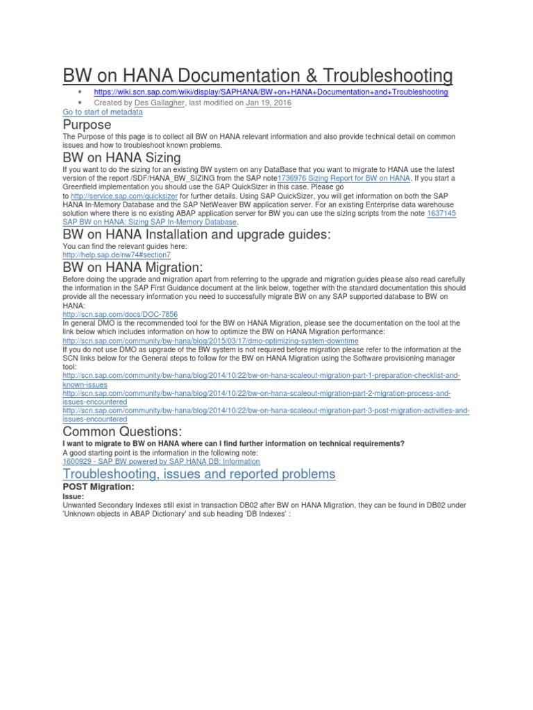 BW On HANA Documentation and Troubleshooting | PDF | Databases ...