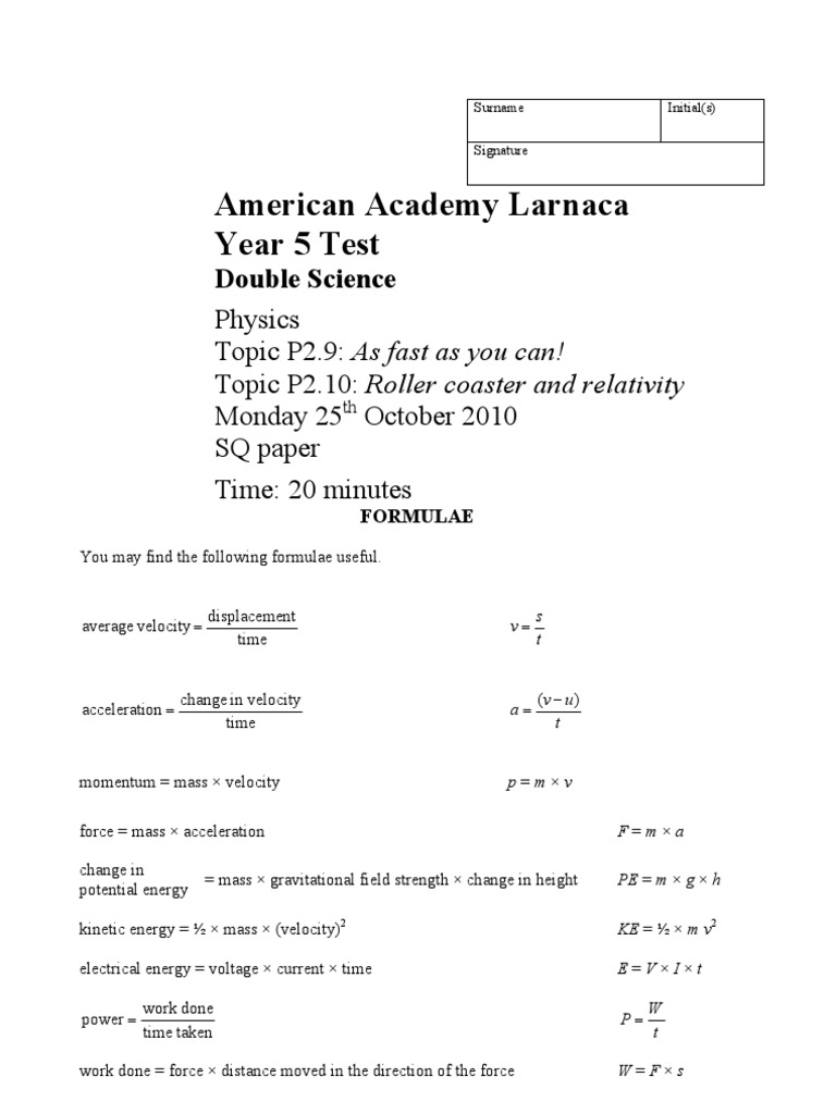 Year 5 Physics Test | PDF | Acceleration | Force