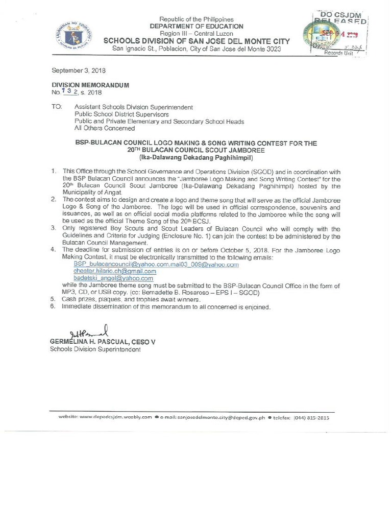 Division Memo 132s. 2018 BSP Bulacan Council Logo Making Song Deped
