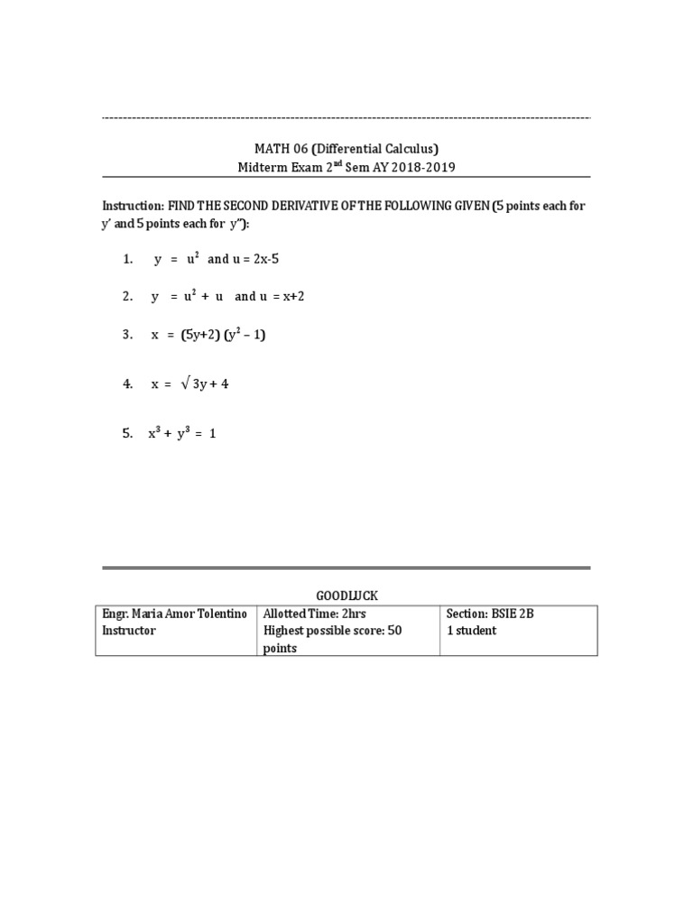 MATH 06 (Differential Calculus) Midterm Exam 2 Sem AY 2018-2019 | PDF ...