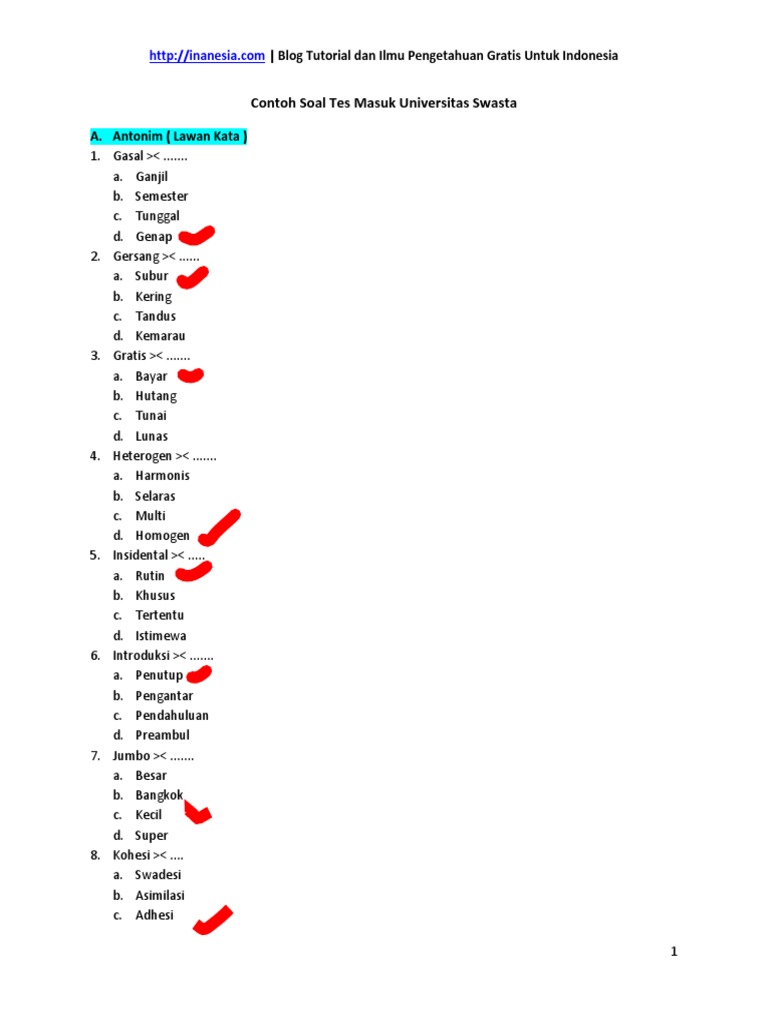 Contoh Soal Tes Masuk Kuliah Swasta - Contoh Soal Terbaru