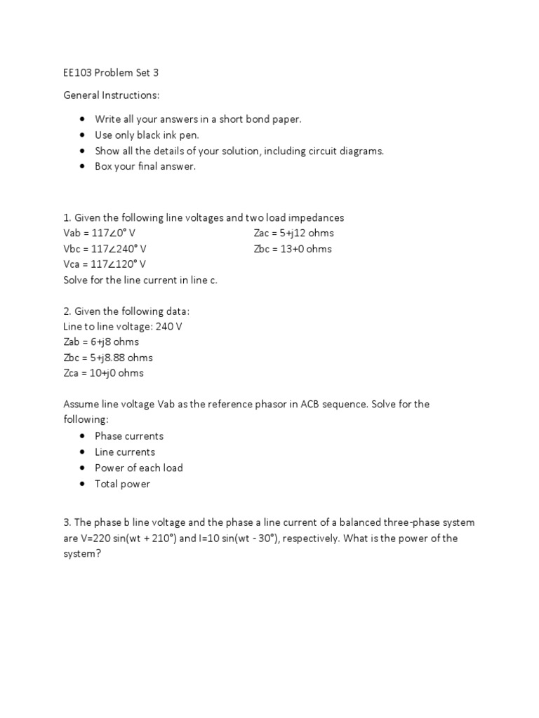 EE103 Problem Set 3: Three-Phase Circuits | PDF | Teaching Methods ...